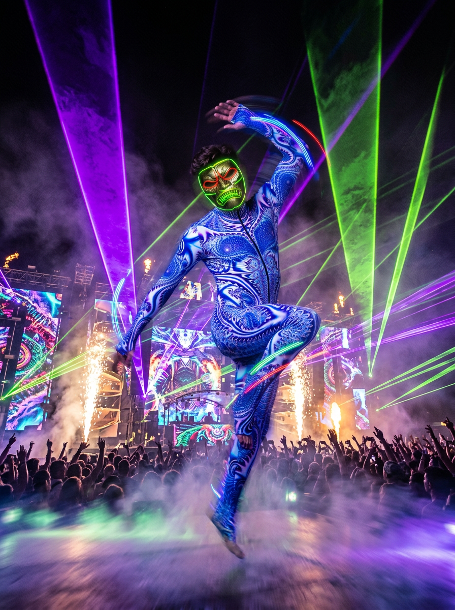 Psyrider in fractal bodysuit mid-air with neon EL-wire mask on festival mainstage