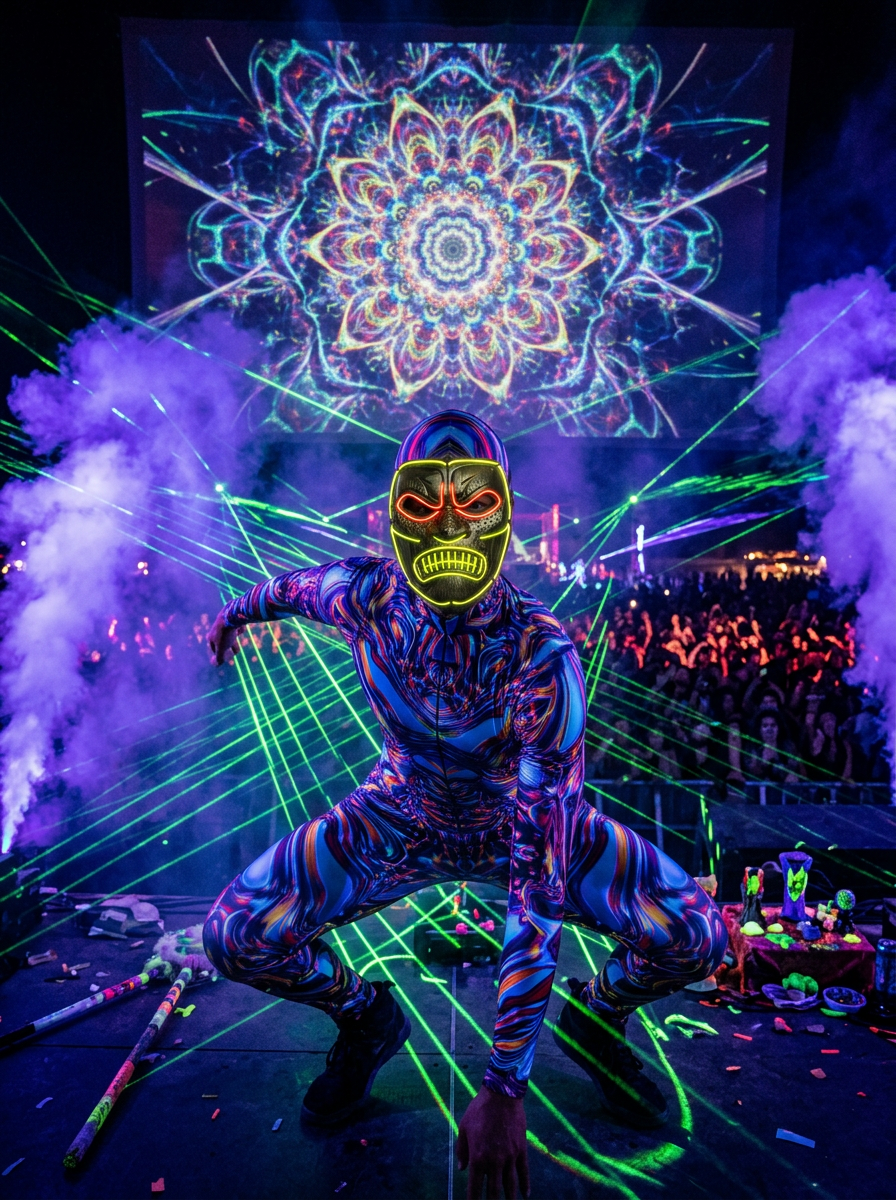 Masked Psyrider in chrome iridescent suit crouching in green laser grid