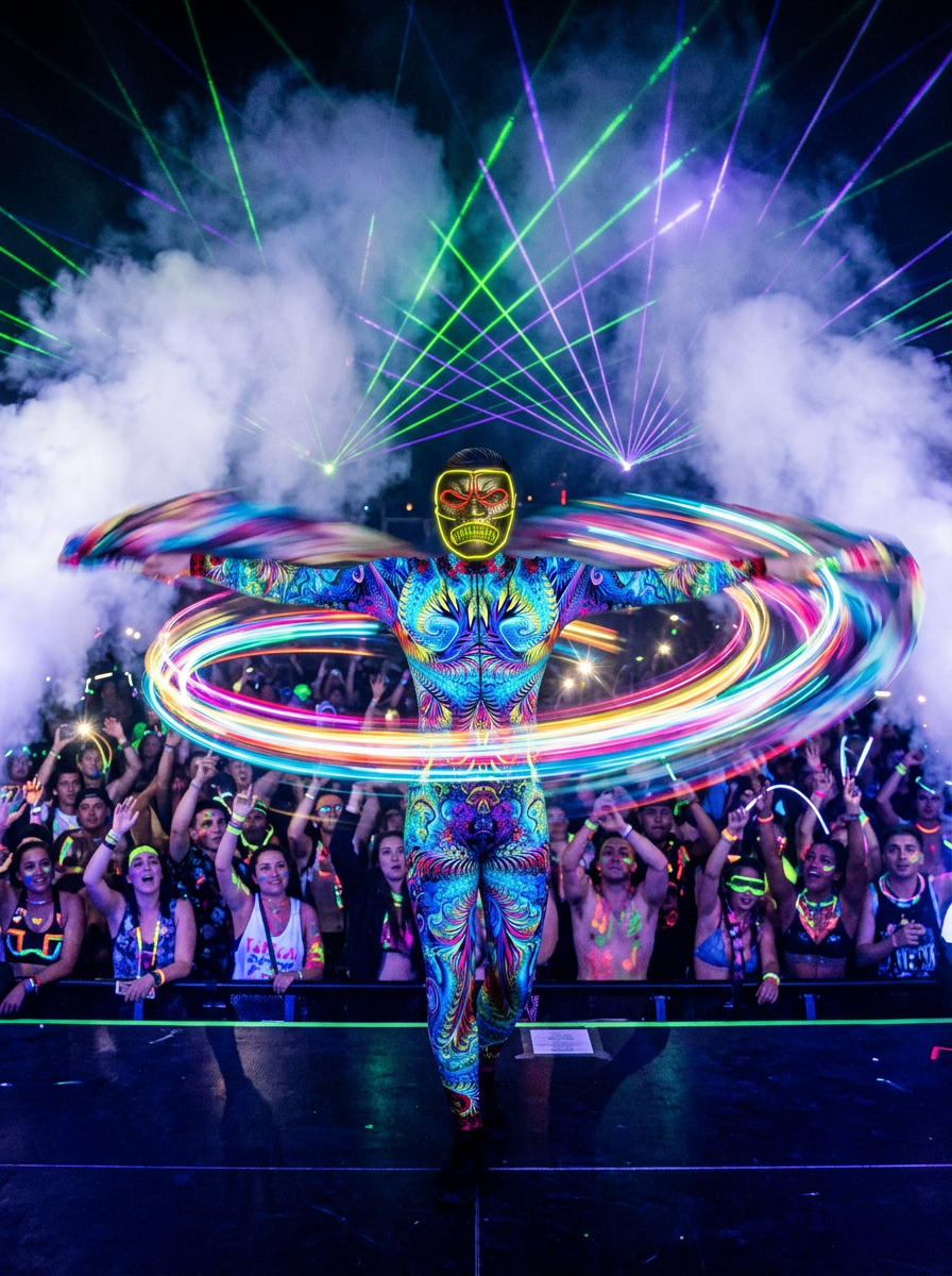 Psyrider handstand spin with LED light trails and lasers